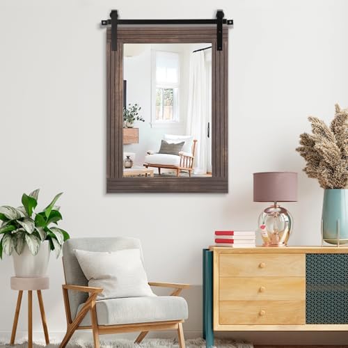 AAZZKANG Rustic Large Wood Mirror Barn Door Wall Mirror 30"x22"with Frame - Image 6