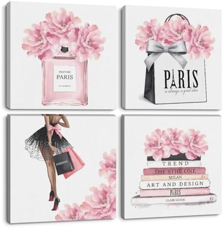 QINGTAI 4 Pcs Pink Fashion Canvas Wall Art, Perfume Handbag Wall Decor by QINGTAI