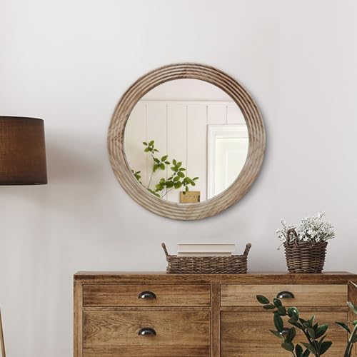LOSOUR Round Mirror, Farmhouse Decor Solid Wood Frame Wall Circle Mirror by LOSOUR