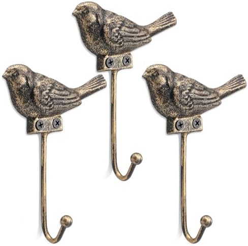 Hicarer 3 Pcs Cast Iron Bird Antique Gold Wall Hooks by Hicarer