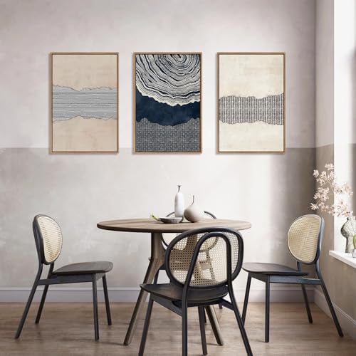 LHIUEM Large Abstract Navy Blue Beige Framed Canvas Wall Art, Modern Tree Rings - Image 3