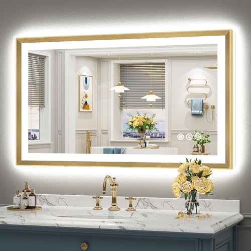 48x28 Gold Beveled LED Lighted Bathroom Mirror, Backlit & Front Lit by Awandee
