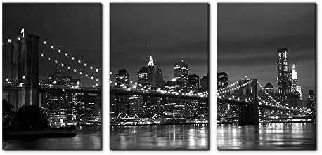 Pacimo New York Brooklyn Bridge Canvas Wall Art 3 Panels Night View Modern by Pacimo