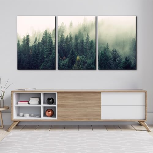Pacimo Canvas Print Wall Art Set Aerial View of Pine Trees in Mist Nature - Image 3