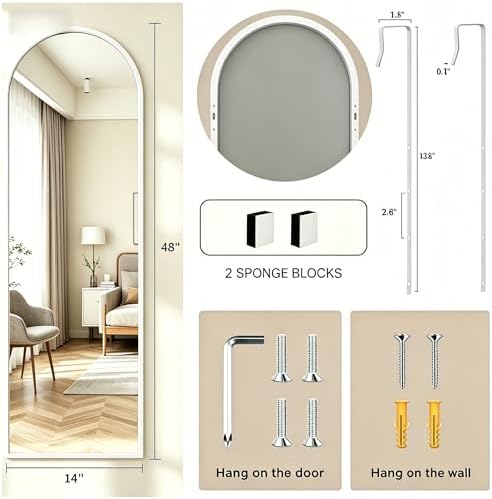14" x 48" Arched Full Length Mirror White Frame Over Door & Wall Mounted - Image 7