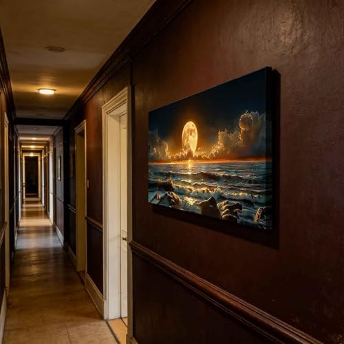 Giant Full Moon Ocean Night Canvas Wall Art Large Gilded Waves Landscape Decor - Image 5