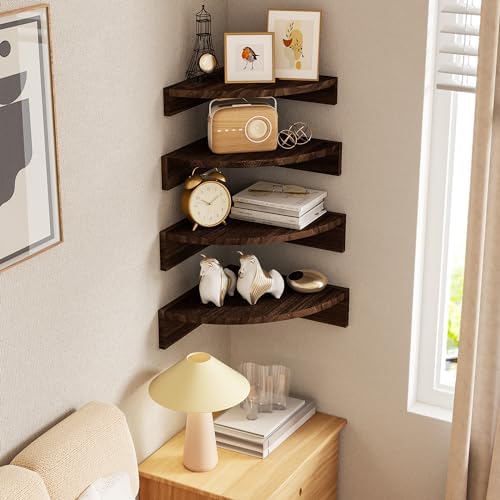 Alsonerbay Wood Corner Floating Shelves Wall Mount 4-Pack, Dark Brown - Image 2