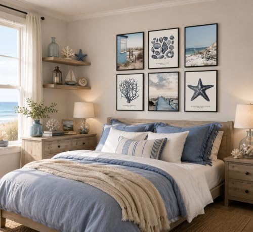 6Pcs Blue Beach Wall Art Preppy Beach Hut Wall Decor Pictures Ocean Boho Reed - Image 5