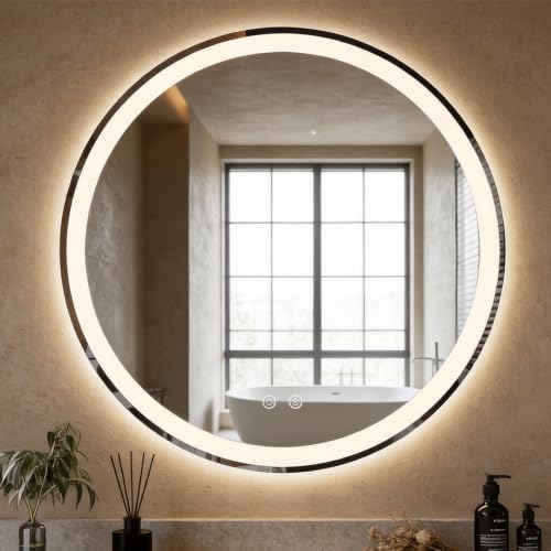 36 Inch LED Bathroom Mirror, Round Wall Mount Vanity Mirror by HAPPYMONTLLC