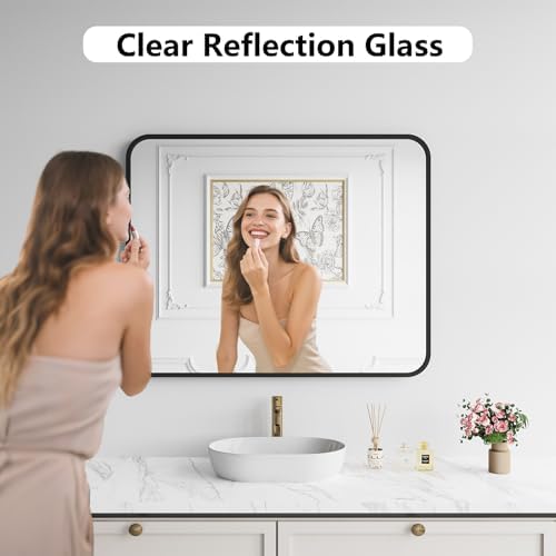 Koonmi Bathroom Mirror, 32X40 Brushed Black Metal Framed Wall-Mounted Mirror - Image 3