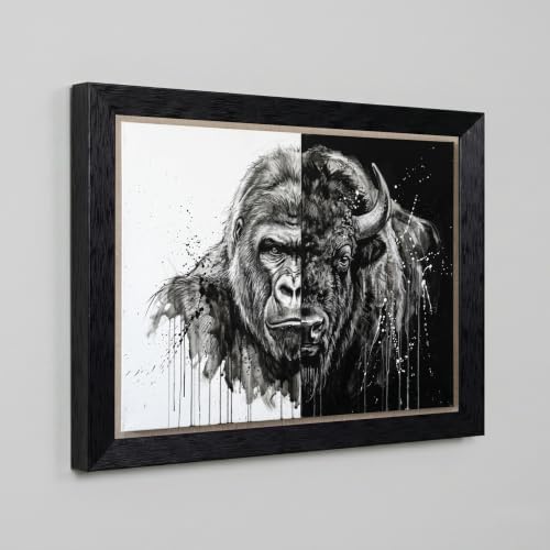 Framed Canvas Wall Art Monochromatic Mixed Media Gorilla and Bison Split View - Image 5