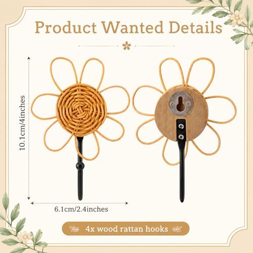 Colingmill 4 Pcs Boho Rattan Wall Hooks, Woven Towel Hooks Decor - Image 2