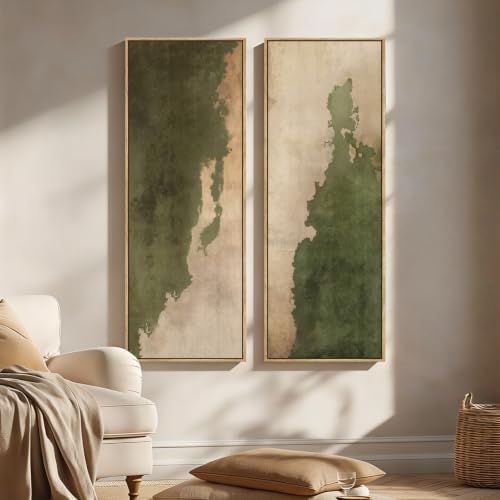 Large Framed Beige Green Abstract Vertical Wall Art - Image 3