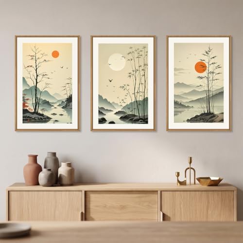 Chinoiserie Bamboo Forest Framed Canvas Wall Art Set, Nature Tree Lakes Wall - Image 2