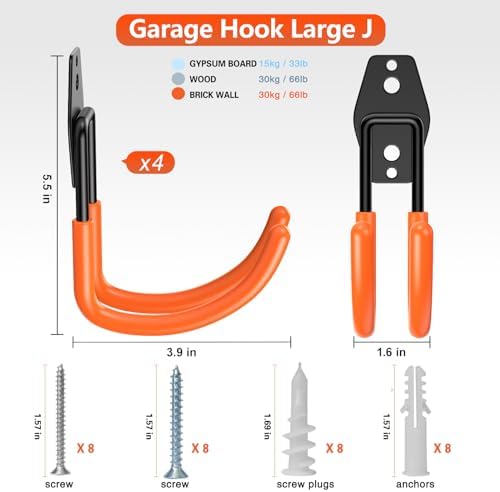 HUPBIPY Heavy Duty Garage Hooks 4 Pack, J Shaped Hanger, Wall Mounted Storage - Image 2