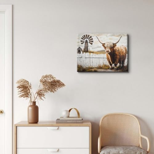 Farmhouse Highland Cow Wall Art Windmill Barn Pictures Western Wall Decor - Image 6