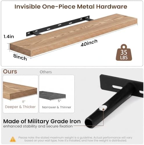 Acovy 40x8in Floating Shelves 2 Pack, Wall Mount Display Shelf, Light Brown - Image 3
