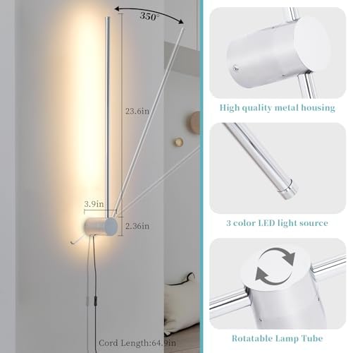 KELUOLY Modern LED Plug in Wall Sconces Set of Two, Chrome Dimmable 23.6" Wall - Image 4