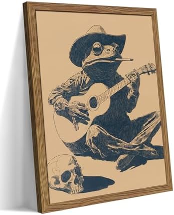Framed Vintage Frog Cowboy Wall Art, Funny Frog Playing Guitar Canvas Prints by Unknown