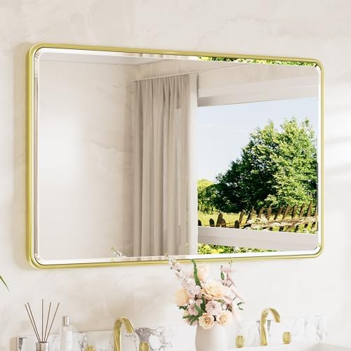 TETOTE Brushed Gold Mirrors for Over Sink 48 x 30 Beveled Edge Tempered Glass by TETOTE