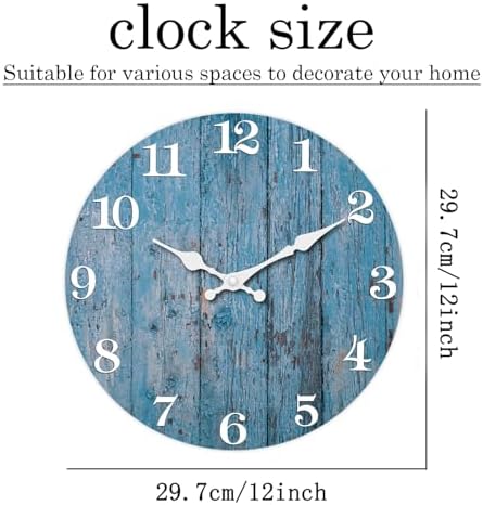 XFM Blue Farmhouse Wooden Wall Clock Battery Operated Silent - Image 5