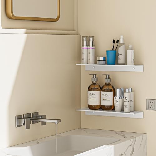 HNVNER Adhesive Wall Shelves 2 Pack, Metal Floating Shelf, Glossy White - Image 2