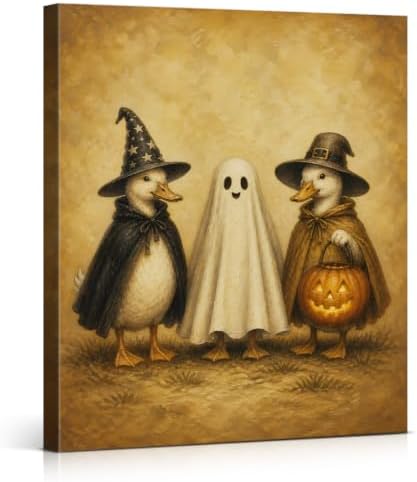 Halloween Geese as Witch and Ghost Canvas Wall Art, Witchy Print Wall Decor by Unknown