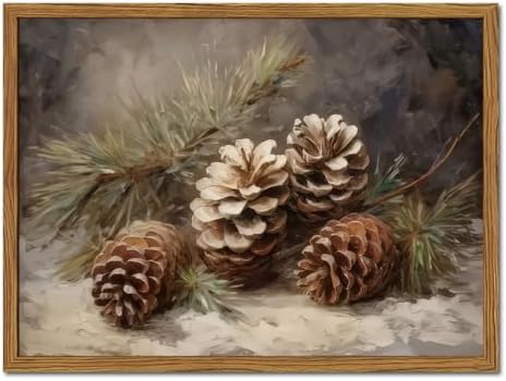 Framed Vintage Christmas Canvas Wall Art, Pine Cones Wall Decor Paintings by Unknown