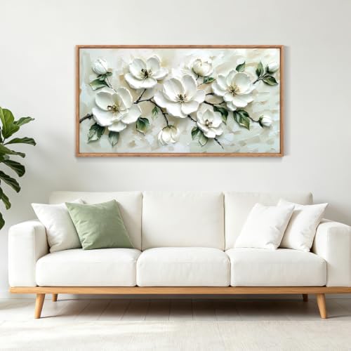 CHDITB 3D Horizontal Magnolia Wall Art, Neutral Beige Textured Wall Decor - Image 2