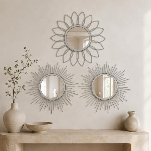 Silver Sunburst Mirror 14x14 Inch, Decorative Wall Accent by HMANGE