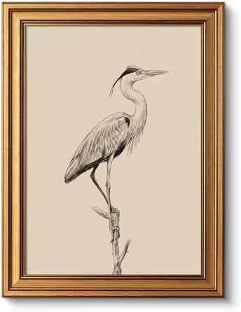 VIYYIEA Vintage Gold Framed Wall Art, Sketch Heron, 16L x 12W by VIYYIEAART