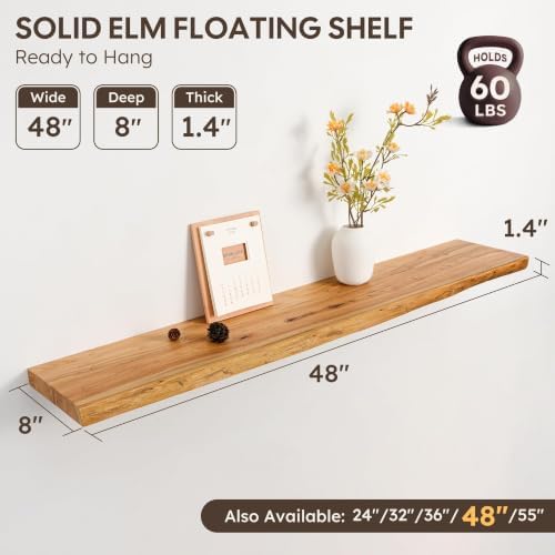 48" Floating Shelves, Solid Elm Wood, Natural Live Edge - Image 3