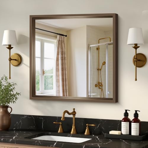 Bathroom Mirror, 24 x 24 inch Walnut Wood Grain Colored Aluminum Metal Frame by WelcometoCIVENO