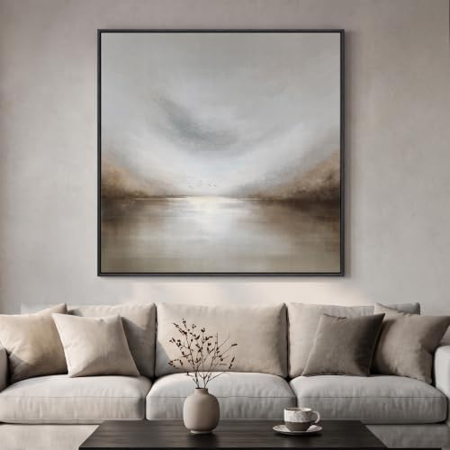 Extra Large Framed Neutral Gray Abstract Landscape Wall Art Decor, 48x48 In by Cuspin