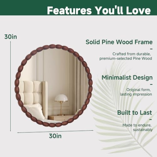 30"x30" Round Solid Wood Farmhouse Decorative Wall Mirror - Image 2