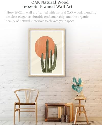 iHery 16x20in Natural OAK Wood Framed Cactus Sunset Wall Art - Image 4