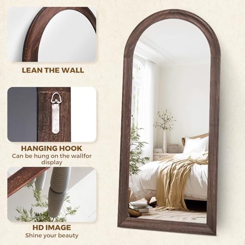 71x32 Solid Wood Arched Full Length Mirror, Elegant Brown Finish - Image 2