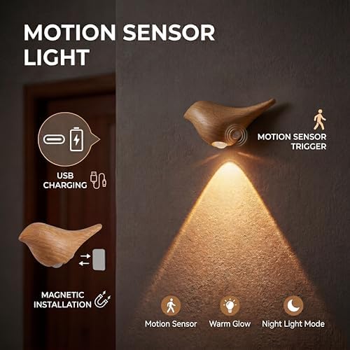 2-Pack Faux Wood Bird Wall Sconces, Timber-Look Plastic Cordless Motion Sensor - Image 2