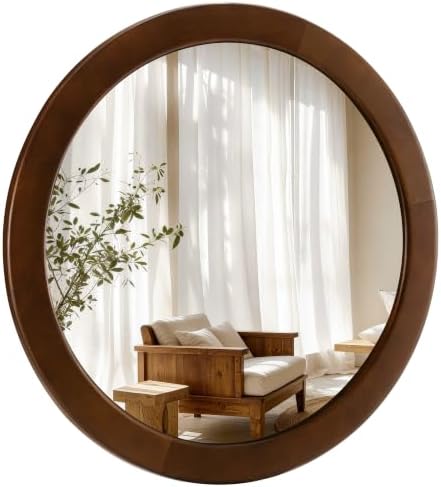 Round Mirrors 28 Inch, Wood Vanity Wall Rustic Mirror by Culer