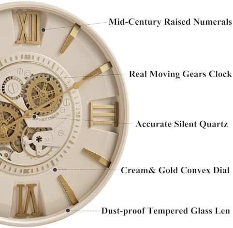 CLXEAST Mid Century Modern 24 Inch Moving Gear Walll Clock, Ivory &Gold - Image 3
