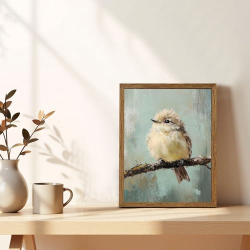 AVECCO Cute Funny Fluffy Bird on Branch Wall Art Canvas Framed 8x10 inch - Image 2