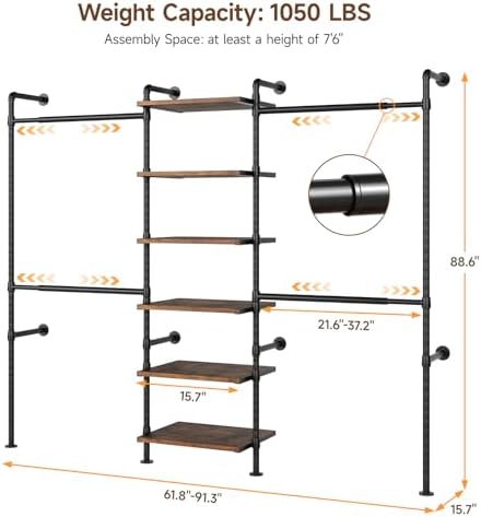 T1 Wall Mounted Closet System, Industrial Pipe Clothing Rack - Image 2