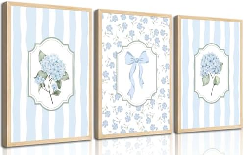 3Pcs Blue Hydrangea Wall Art Trendy Light Blue Striped Watercolor Bow Coquette by Zuowclli