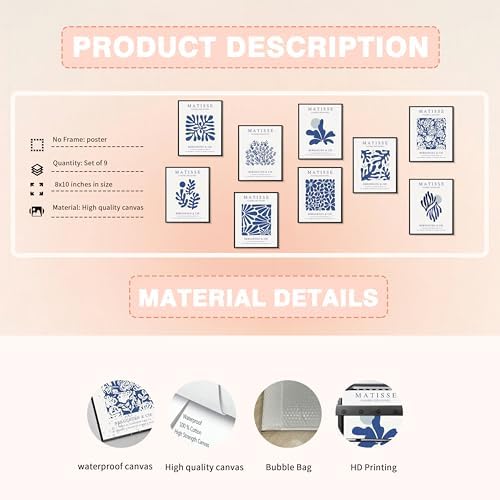 Tmvosn Blue Matisse Posters Wall Art Set of 9, Abstract Henri Matisse Canvas - Image 6