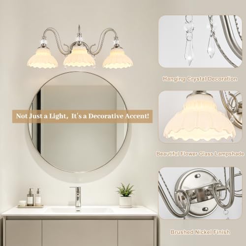 Brushed Nickel Bathroom Vanity Light, 3-Light Nickel Finish Wall Sconce - Image 3