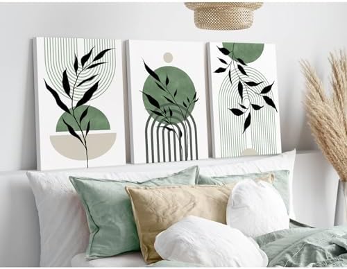 Mid Century Modern Wall Art Set of 3 Sage Green Canvas Wall Art Boho Prints - Image 3