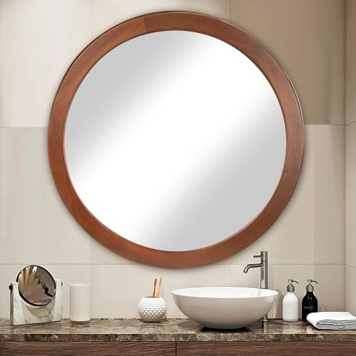 Round Mirror 36 Inch, Wood Rustic Bathroom Wall Mirror - Image 7