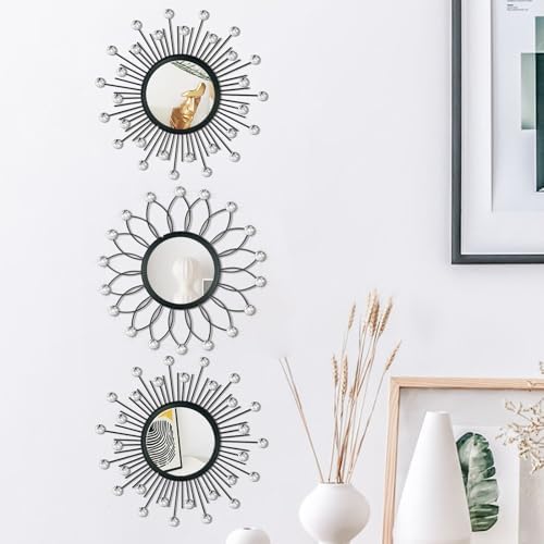3 Pack Metal Mirrors for Wall Sunburst Wall Mirror Black Crystal Wall Art - Image 2
