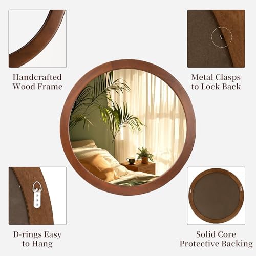 Round Mirror 36 Inch, Wood Rustic Bathroom Wall Mirror - Image 5