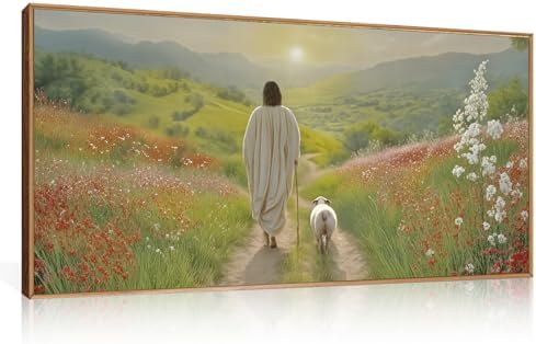 LHIUEM Large Jesus and Lamb Christian Framed Canvas Wall Art, Leaves The 99 - Image 6